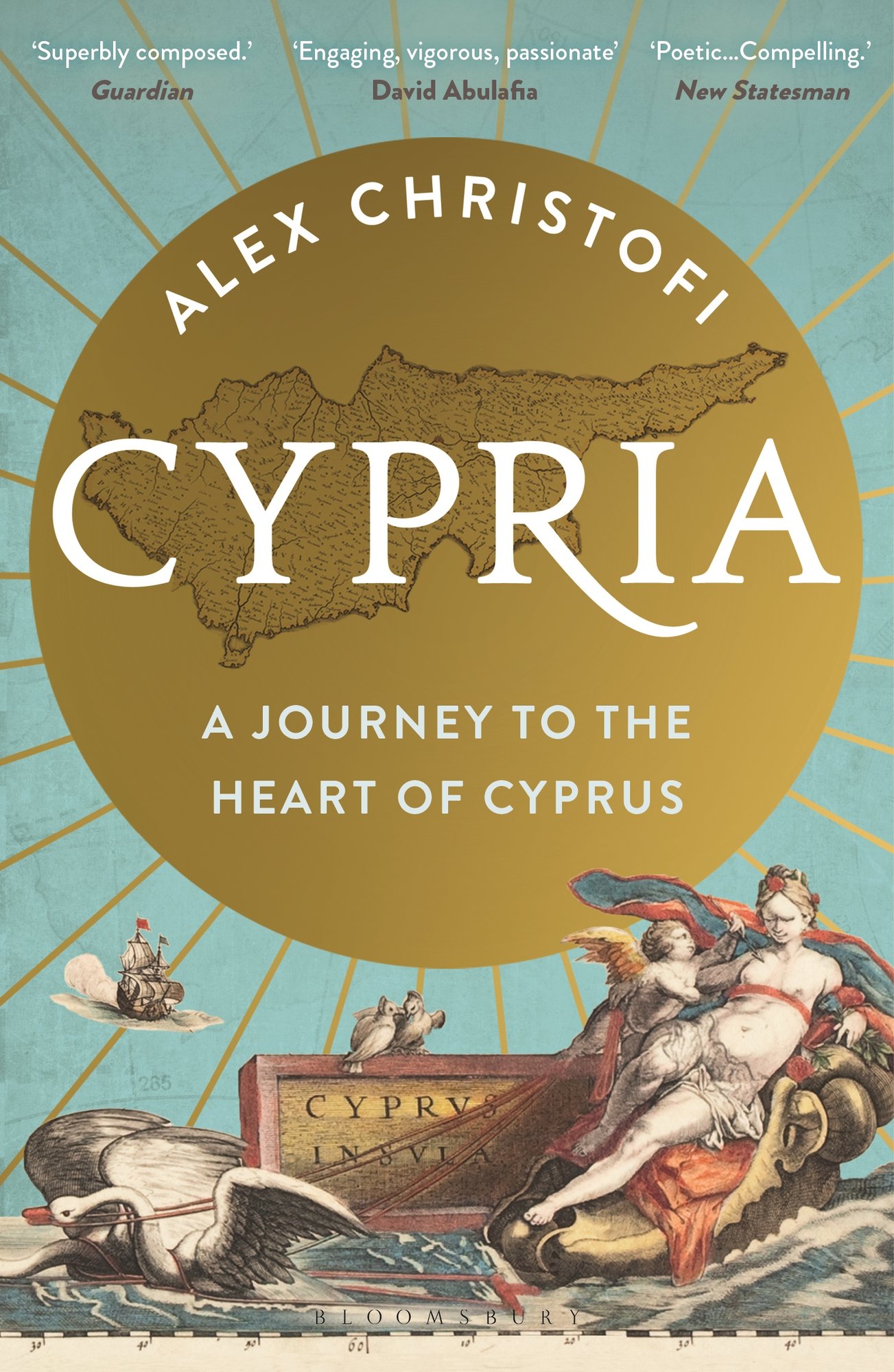Cypria: A Journey to the Heart of the Mediterranean by Alex Christofi, a travel memoir book cover. A golden sun displaying the book's title on top of map of Cyprus. The remainder of the cover is in an ocean blue and towards the bottom shows artistic images from Cyprus including a naked woman and baby with wings crawling on her being led by a swan, a ship, and little birds.