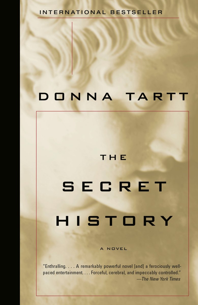 The book cover for the secret history by Donna Tartt. A yellow-filtered image of a marble statue. The title is in black text surround by a thin red box.