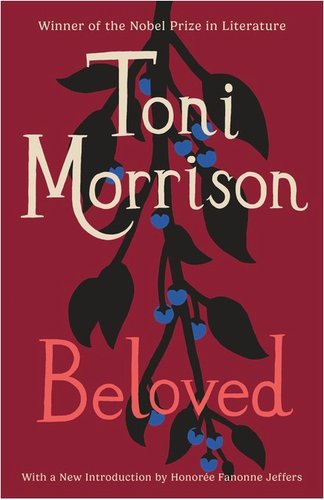 Beloved by Toni Morrison, a red background with a gold, cursive title on the book cover.