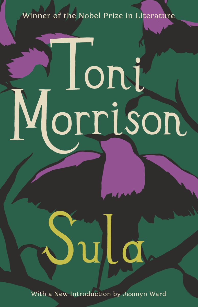 Sula by Toni Morrison, book cover. Emerald green background with the title and author's name written in golden yellow calligraphy font.