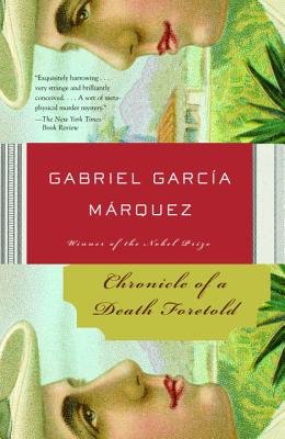 Chronicle of a Death Foretold by Gabriel García Márquez, book cover. Green landscaped background, two heads are looking at one another on the top and bottom of the cover.