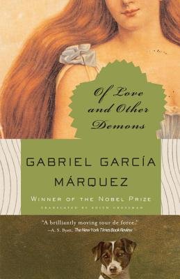 Of Love and Other Demons by Gabriel García Márquez, book cover. A portrait of a woman, eyes not shown from the top of the cover, she is wearing a light blue dress and long ginger hair.