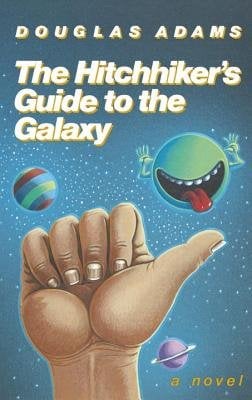 The Hitchhiker's Guide to the Galaxy, a sci-fi novel by Douglas Adams, cover featuring a hitchhiker's thumbs-up and planets floating in the blue space in the background.