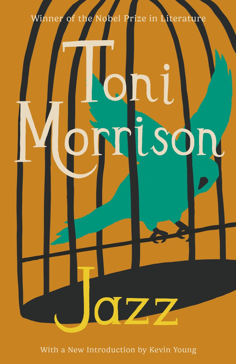 Jazz by Toni Morrison. Purple background and the title in a yellow cursive font.