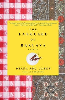 The Language of Baklava by Diana Abu-Jabe, book cover with a yellow square in the center, surrounded by a table cloth backdrop.