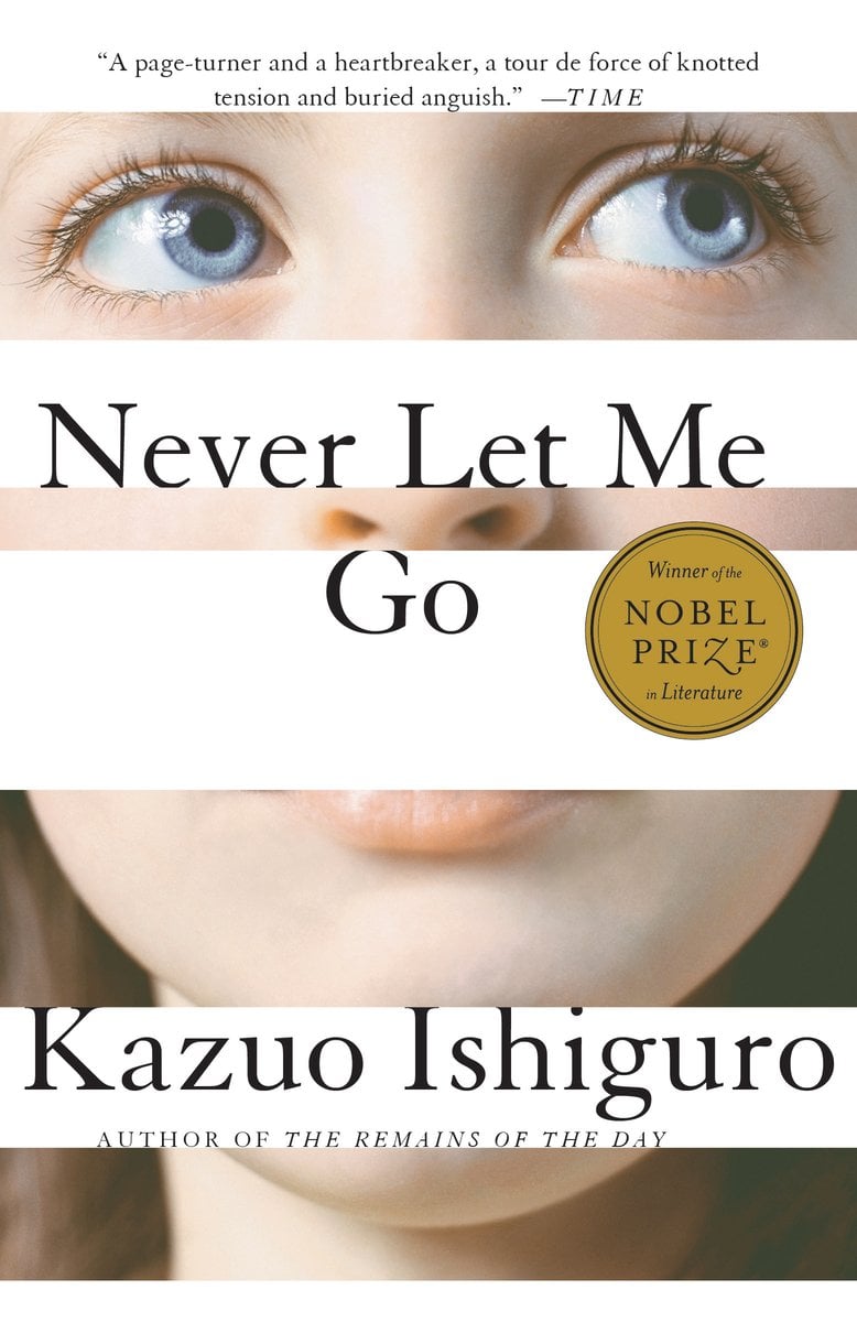 Never Let Me Go by Kazuo Ishiguro, a fiction book cover. A close up of a young, blonde, blue-eyed girl with three white sections (the bridge of her nose, her upper lip, and her chin) intersecting her face.
