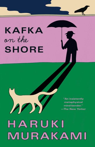 Kafka on the Shore by Haruki Murakami book cover, featuring a white cat on a blue background.