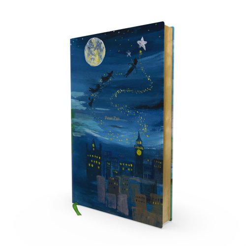 Peter Pan by J.M. Barrie book cover featuring the moon and stars over London with shadows flying in the air.