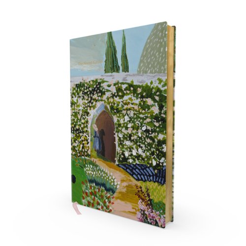 The Secret Garden by Frances Hodgson Burnett book cover with colorful flowers and a girl peering through a door.