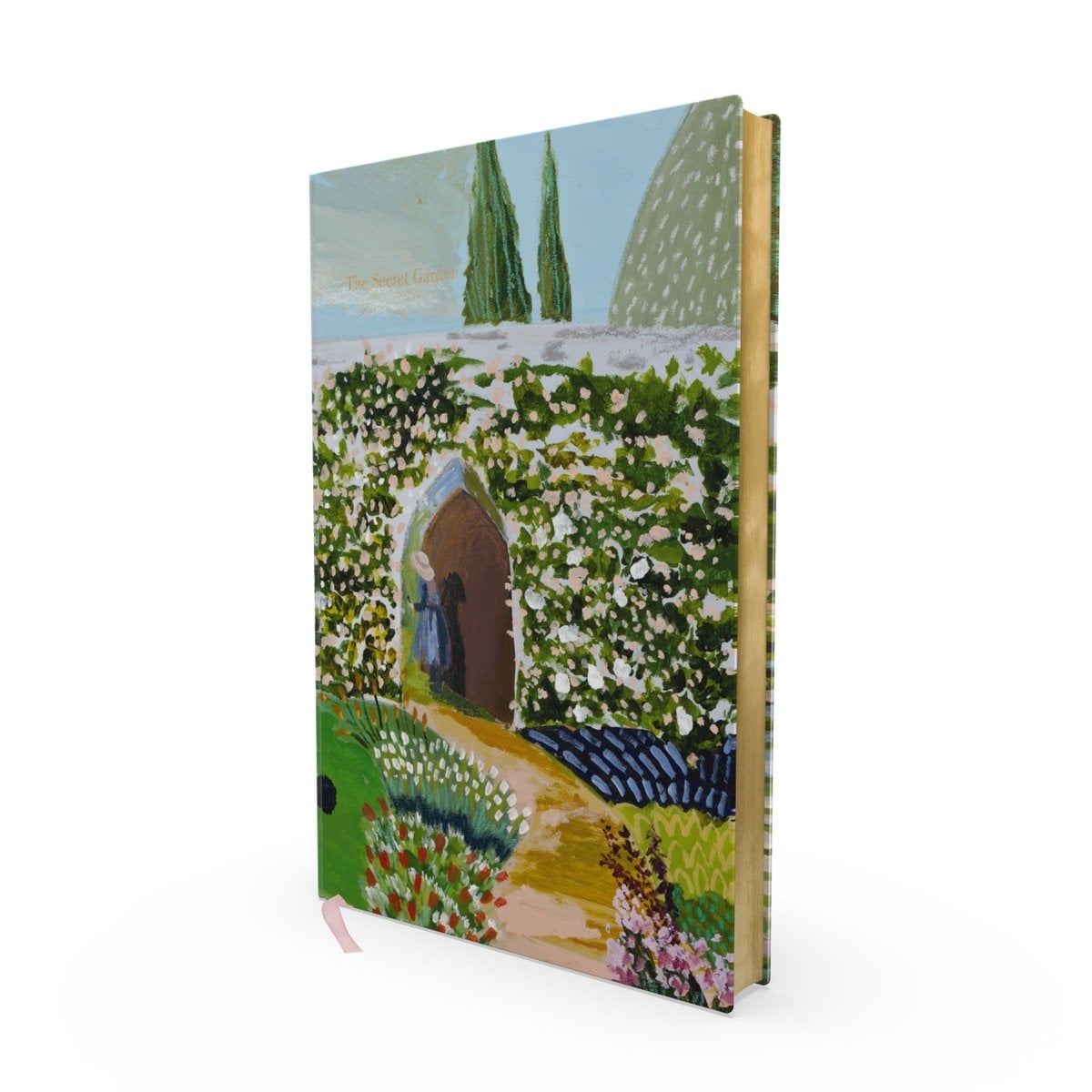 The Secret Garden by Frances Hodgson Burnett. A painted scene of a garden path, and a foliage-covered wall with a door which a girl begins to open. The title text sits at the top of the image.