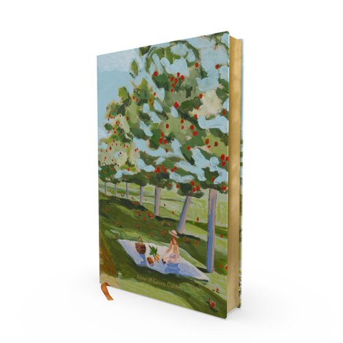 Anne of Green Gables by L.M. Montgomery book cover with a girl sitting on a blanket under an apple tree.