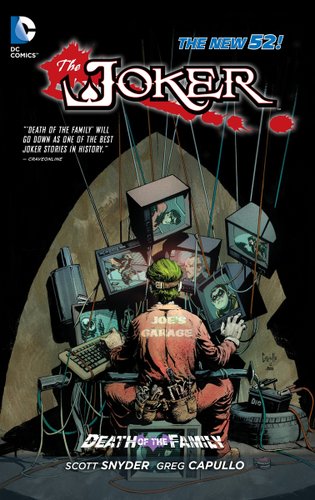 The Joker is surrounded by several televisions. he is wearing overalls that say Joe's garage on the back.
