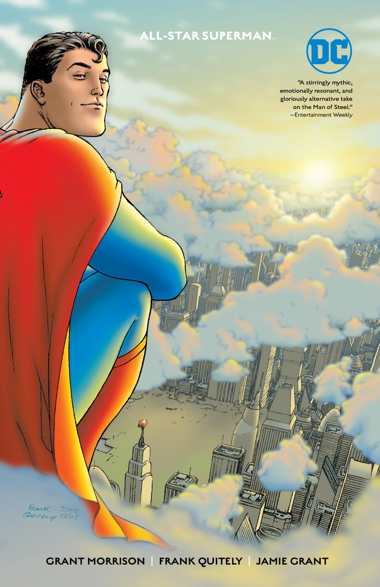 All-Star Superman by Grant Morrison, illustrated by Frank Quitely. An illustrated Superman looks over his shoulder as he sits on a ledge with a cloudy city spread out before him.