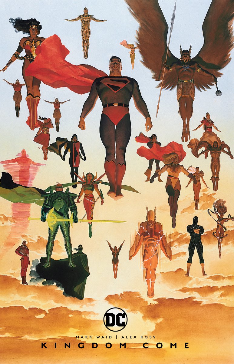 Kingdom Come by Mark Waid, illustrated by Alex Ross. A ensemble of superheroes, with Superman front and center, hover in a golden, cloud-smattered sky.