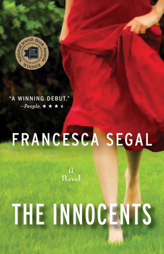 Book cover of "The Innocents" with a woman in a red dress from the waist down running on a grassy field.