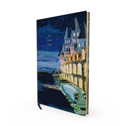 The Great Gatsby by F. Scott Fitzgerald book cover featuring a fancy mansion in the middle of the night.