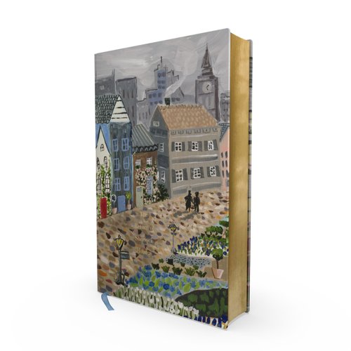 The Return of Sherlock Holmes by Arthur Conan Doyle book cover featuring a city with tall houses, a cobblestone path, flowers, and two people walking.
