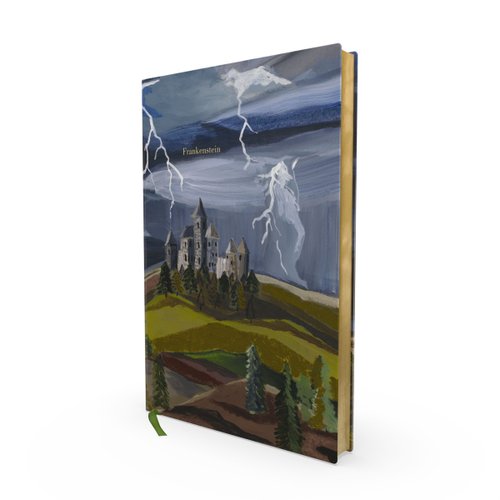Frankenstein by Mary Shelley book cover featuring a creepy castle with lighting and a dark cloudy sky.