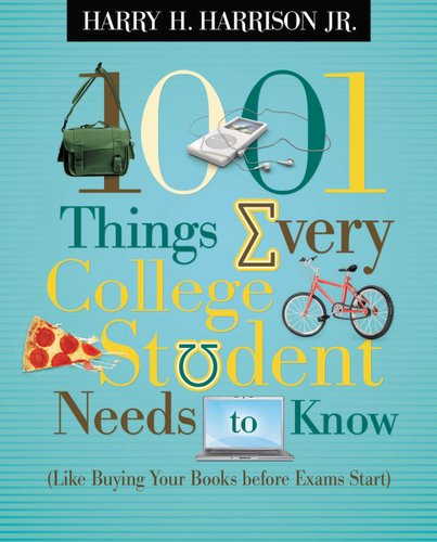 Teal book cover, author's name at the top. Title is interrupted b clipart of college supplies. There is a laptop bag, an iPod with earbuds plugged in, Greek life letters, pizza, and a laptop.