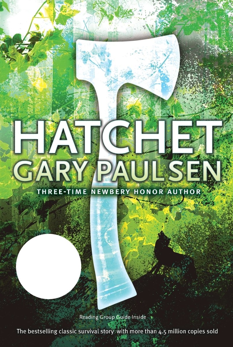 Book cover for "Hatchet" by Gary Paulsen, that shows an image of a hatchet in front of wilderness and a howling wolf.