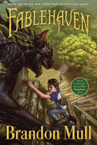 Fablehaven by Brandon Mull cover; young boy climbs up pile of wood and faces a monster