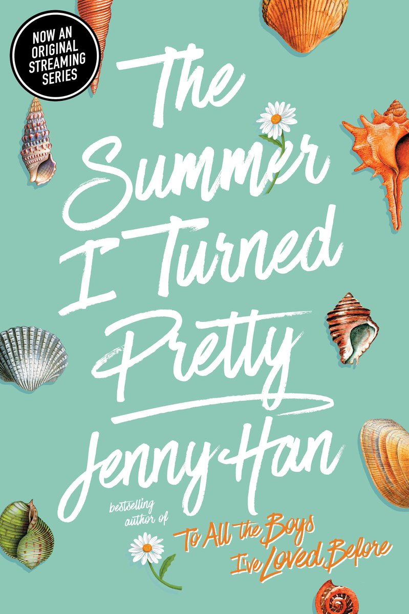 The Summer I Turned Pretty book cover with flowers and seashells against a blue-green background.