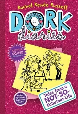 Tales from a Not-So-Fabulous Life by Rachel Renée Russell book cover featuring a bright, pink background. Centered near the top, the word “DORK” is presented in large, bold, light-blue block letters with a white outline, and beneath it, in a handwritten-style font, the subtitle "diaries" appears in white. Below the title, a yellow sticky note graphic is pasted at an angle, showing a black-and-white doodle of Nikki Maxwell—her expressive face framed by a messy ponytail—alongside her journal and quirky scribbles. At the bottom right corner of the sticky note, a label-like graphic in light blue reads “Tales from a Not‑So‑Fabulous Life” in casual white lettering.