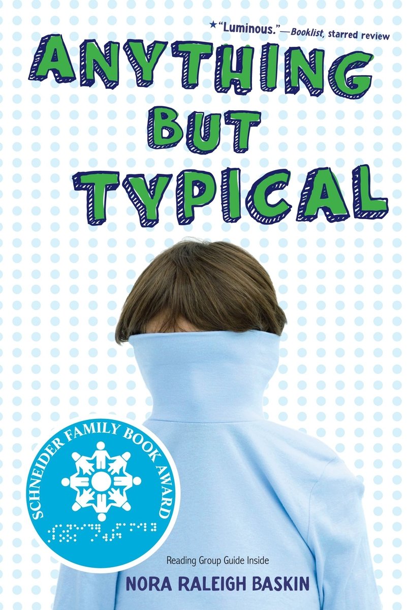 Anything But Typical fiction book cover by Nora Raleigh Baskin with a boy in a turtleneck with the collar pulled up to cover his face.