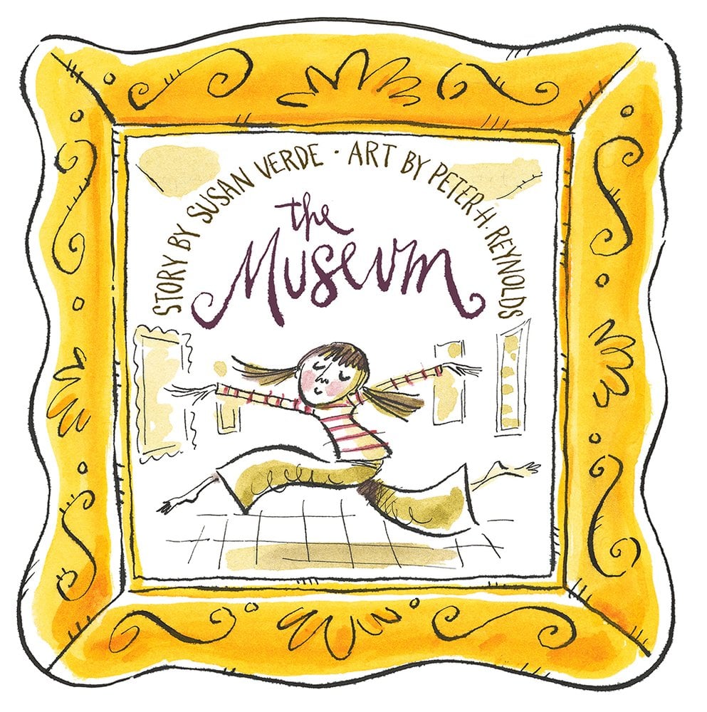 Book cover of The Museum by Susan Verde, Illustrated by Peter H. Reynolds, featuring a light-skinned girl with straight brown hair leaping through an art museum, surrounded by an ornate golden frame.