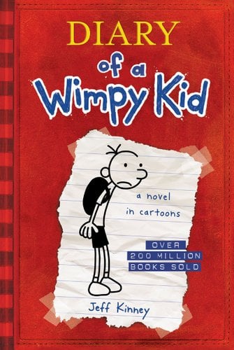 A red "Diary of a Wimpy Kid" book cover with an illustration that looks like a ripped piece of paper that has a stick drawing of a boy on it.