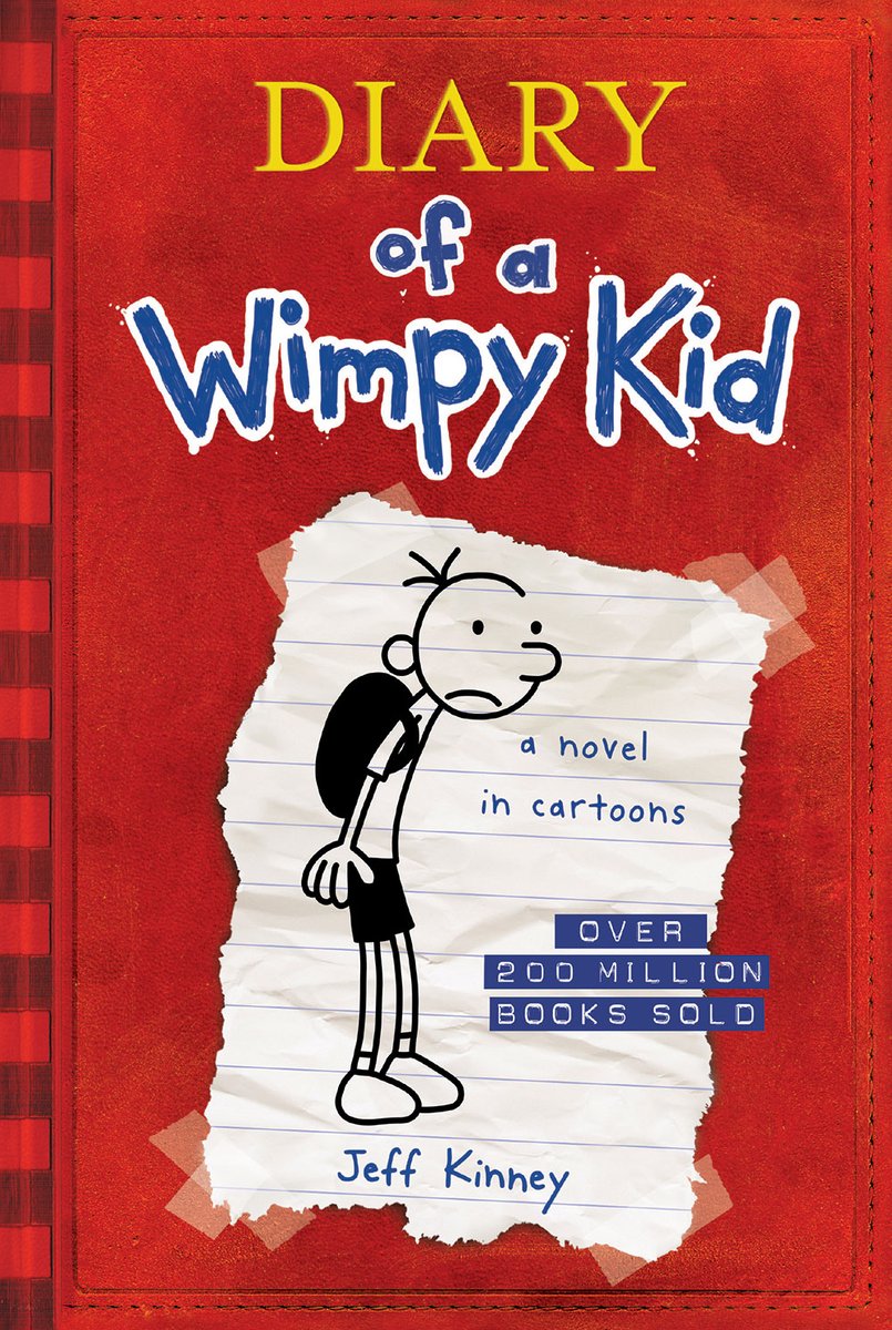 Diary of a Wimpy Kid by Jeff Kinney book cover features a vivid, bright-red background that resembles a spiral-bound notebook’s cover. At the top, the title “DIARY” is rendered in a bold, yellow serif font, while the words “of a Wimpy Kid” appear below it in a sketchy, playful blue-and-white script that mimics a child’s handwriting. Centered in the middle is a slightly rumpled, off-white sheet of lined notebook paper—torn from the spiral—featuring a black-and-white cartoon illustration of Greg Heffley standing with a worried expression and hunched shoulders, wearing a T‑shirt and shorts.