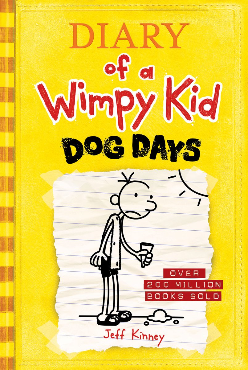 Diary of a Wimpy Kid: Dog Days by Jeff Kinney. A simple cartoon boy holding an empty ice-cream cone with the ice-cream on the ground at his feet is pictured on a torn piece of notebook paper, all over a yellow background. A striped binding and stitching around the edges gives the cover the appearance of a journal.
