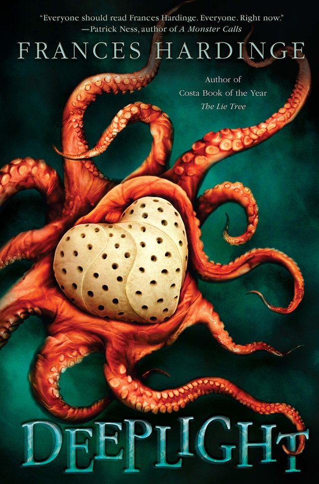 The cover of Deeplight, a YA fantasy novel, features the orange tentacles of an octupus with a perforated ceramic heart in the middle against a teal blue background