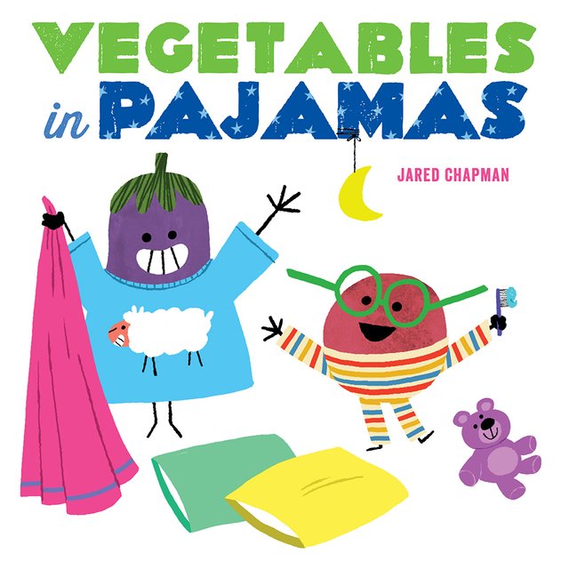 Vegetables in Pajamas by Jared Chapman and illustrated by Jared Chapman, eggplant and potato are happy, eggplant is wearing a blue nightgown with a sheep on it, potato is wearing yellow, blue, and red striped pajamas, holding a toothbrush, green glasses, purple bear next to potato, green and yellow pillows by them, eggplant holds a red blanket, title is in green and blue, crescent moon hangs off of the "m" in "pajamas," white background, book cover