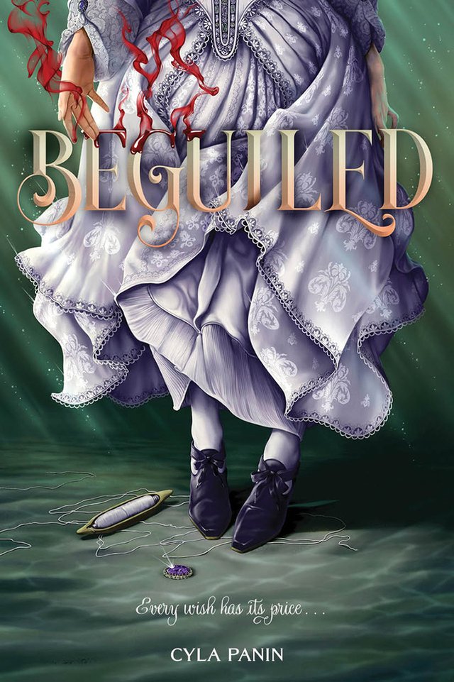 Beguiled by Cyla Panin shows a woman in a floor length off-white dress with blood coming from her hands and an unraveled loom on the floor.