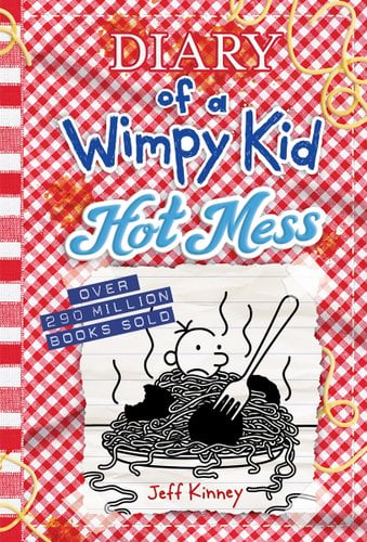 Diary of a Wimpy Kid: Hot Mess by Jeff Kinney book cover featuring the protagonist, Greg, trapped in a pile of spaghetti and meatballs.