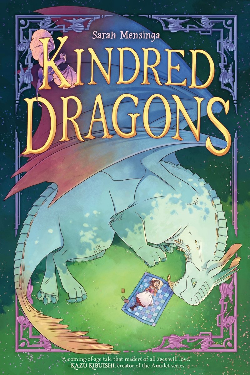 Book cover of Kindred Dragons by Sarah Mensinga, featuring a light-skinned child with long red hair in a braid lying on a picnic blanket and reading to a massive green dragon curled on the ground beside them.