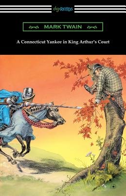 The top of the book cover in black with "Mark Twain" being boxed and lettered in dark green color, with "A Connecticut Yankee in King Arthur's Court" in smaller, white lettering. The main part of the book cover being covered in a background of orange and yellow as the sun seems to be setting and a man climbing a short tree with orange leaves spilling over its branches, with a knight on a horse with a blue cloack and silver helmet plunging towards the man on the tree.