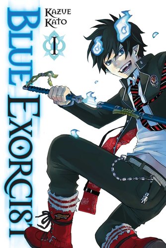 "Blue Exorcist" by Kazua Kato, book cover of Rin holding his sword behind a white cover. The title sidelined on the left.