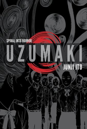 Uzumaki by Junji Ito, manga book cover depicting black and grey illustrations of people with their hair swirling to the sky