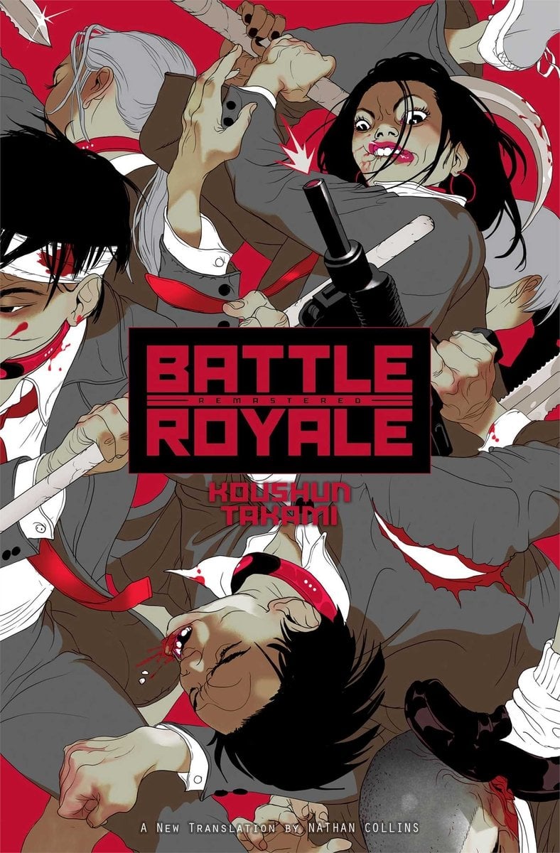 The book cover of 'Battle Royale'. The text is in red at the center. The book cover displays cartoon drawings of uniformed students in a jumble, fighting.