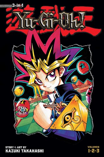 Yu-Gi-Oh! by Kazuki Takahashi book cover, the other Yugi holding onto the Millennium Puzzle, a board game with game pieces behind him. Most of the book's border is in the color black.