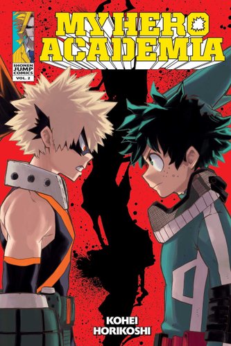 Two boys stare at each other. One looks menacing, while the other looks nervous and fearful of the other boy. One one is dressed in green, orange, and black. The other one is dressed in green and white. One has blond hair, while the other has an emerald shade of hair. The background is a fierce red with a splotchy black down the center. The title is in yellow lettering at the top. The author's name is in small, white lettering at the bottom.