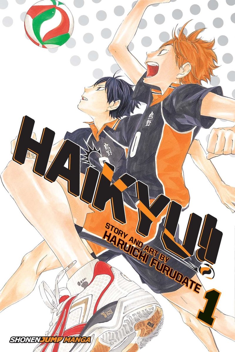 Haikyuu by Haruichi Furudate, depicting two boys jumping towards a volleyball.
