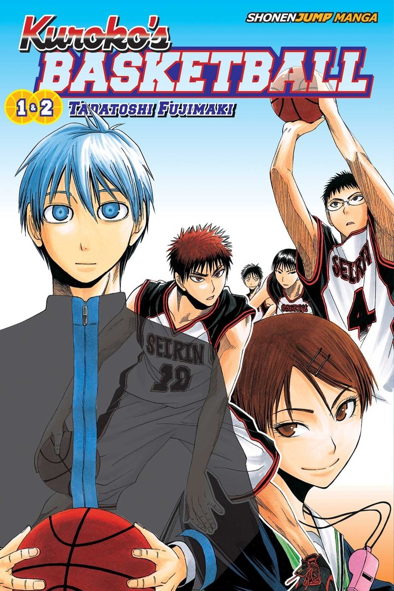Kuroko’s Basketball by Tadatoshi Fujimaki, a sports manga book cover depicting a blue and white gradient background with a boy with blue hair holding a basketball, behind him are five other boys wearing red, black, and white basketball uniforms.