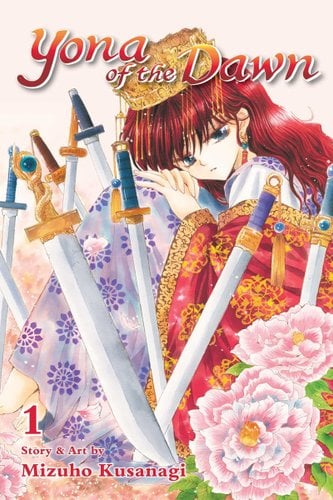 Cover for "Yona of the Dawn" Vol. 1. A redhead girl resting her head on her knees surrounded by swords and flowers.