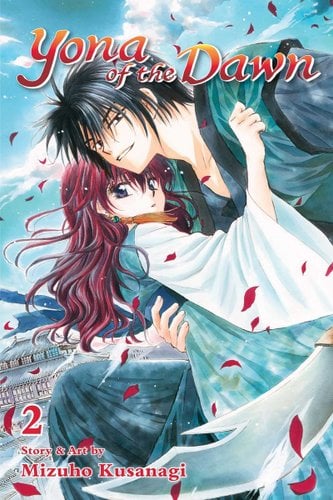 Yona of the Dawn cover, Hak and Yona embracing while red petals fall around them.