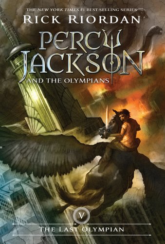 Percy Jackson and the Olympians: The Last Olympian. Percy, a white teen boy with shaggy black hair, wears an orange shirt and holds a sword as he rides on the back of a black pegasus in front of the Empire State Building.