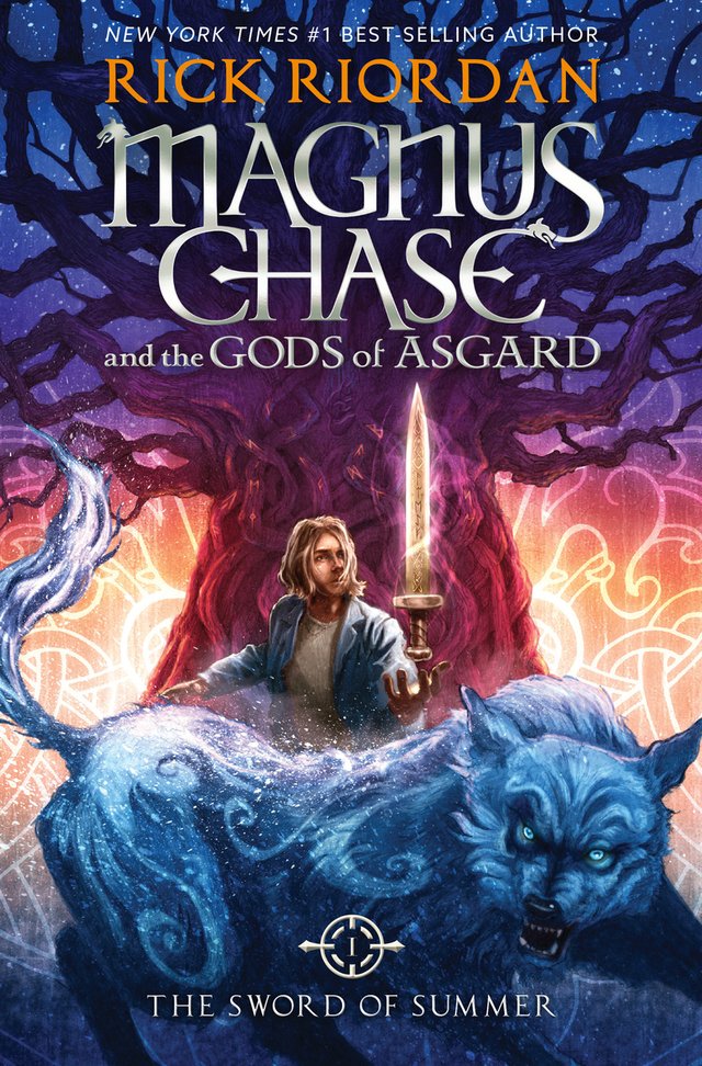 The cover of the Sword of Summer, a middle grade urban fantasy novel, features an illustration of a teen boy with shoulder length blond hair holding a glowing, gold sword in front of a large tree with a thick trunk and wolf-life creature standing in front of him.