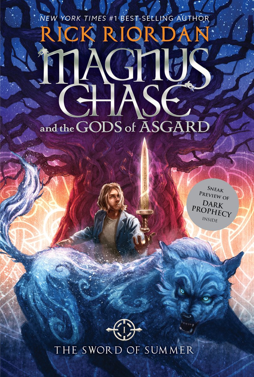 The cover of The Sword of Summer, the first in middle grade urban fantasy series, depicts an illustration of a large beast growing in front with a long, blond haired boy holding up a golden sword. A Large tree stand behind him.